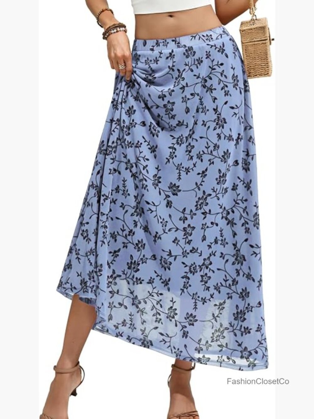 Floral Mesh Maxi Skirt, Flow Ruffle, High Waist Elegant Long Skirt